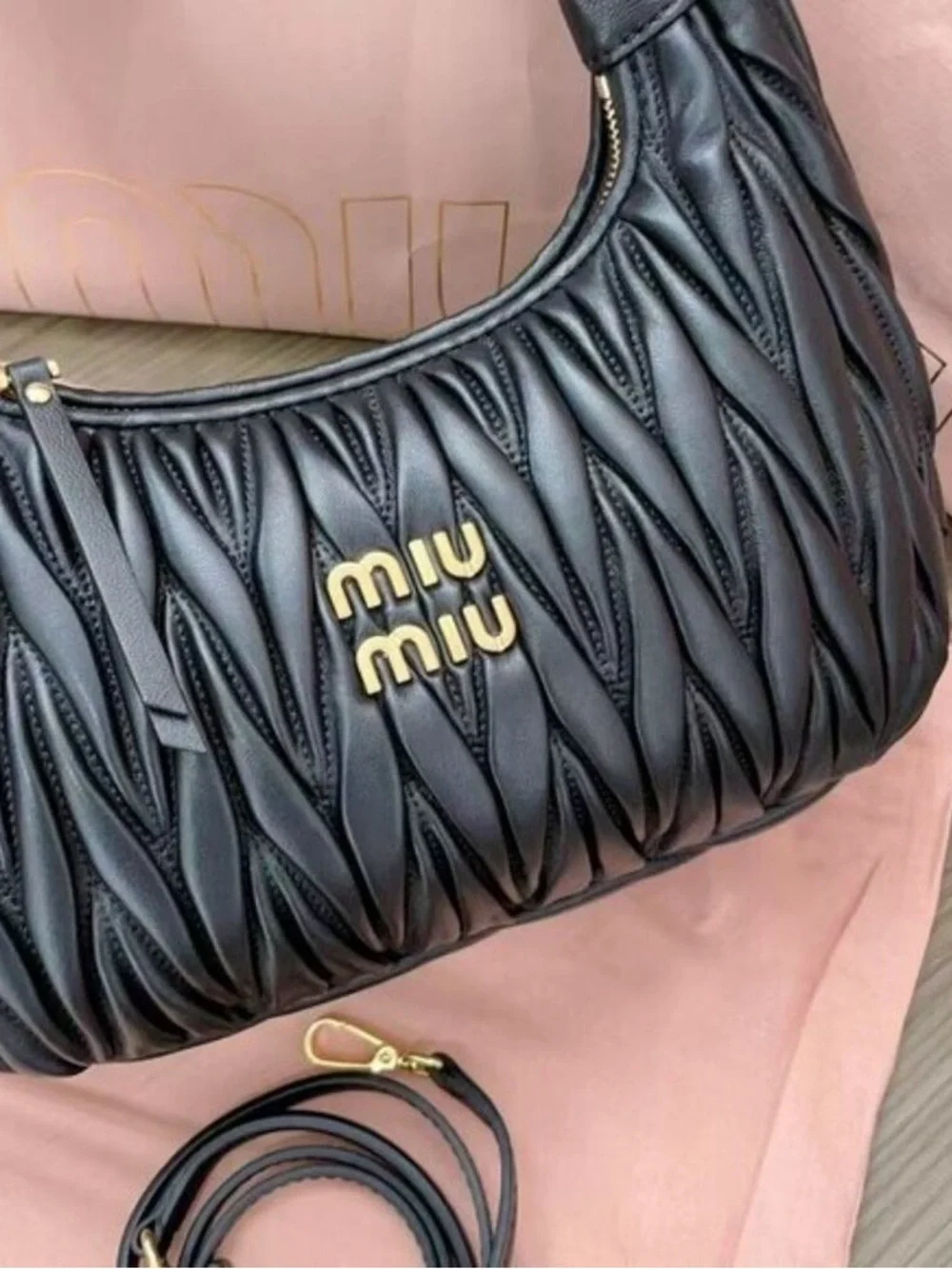 Miu Miu Black Quilted Leather Hobo with Gold Logo Hardware